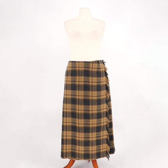 NWT DENIM&CO. Vintage Plaid Fringe Trim Wrap Midi Skirt Wool Blend Size 24W - Picture 3 of 8